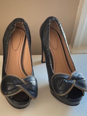 See by Chloe Peep Toe Bow Platform Black Leather Heels